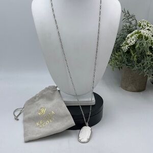 Kendra Scott Reid Rhodium Plated Long Pendant Necklace Genuine White Howlite‎